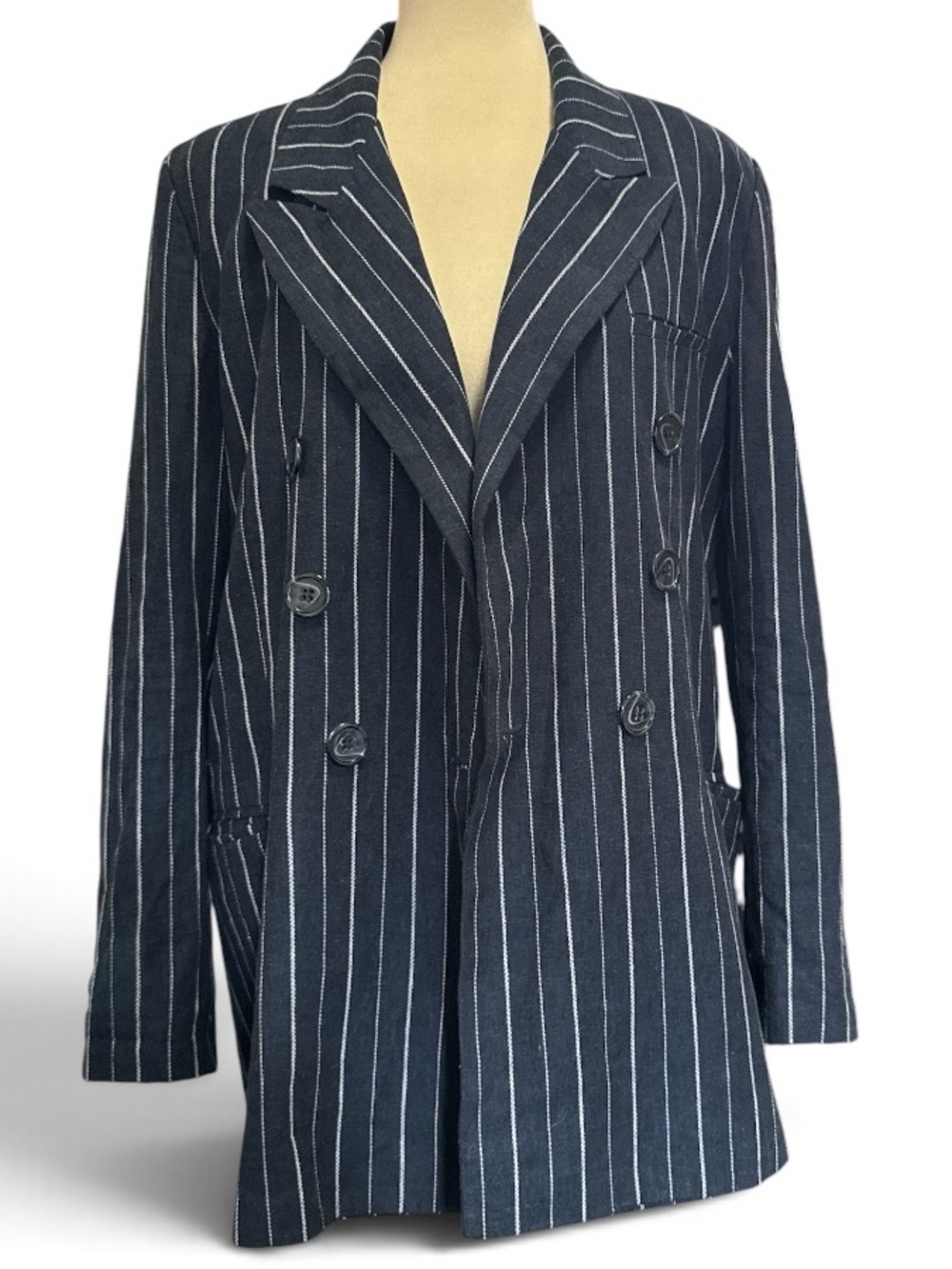 Free People Navy and White Pinstripe Double-Breasted Blazer #755